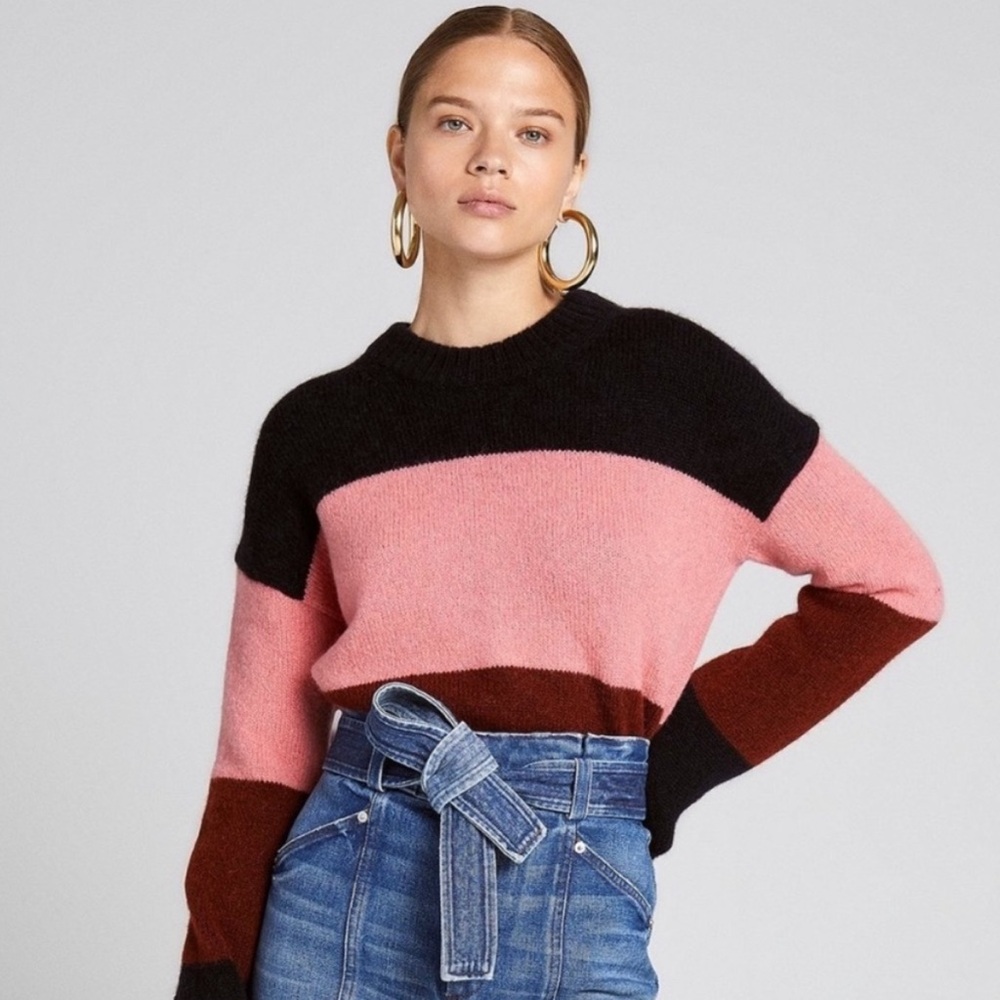 A.L.C. Sumac Morrison Colorblock Alpaca Wool Crew Sweater Midnight Coral Sz L